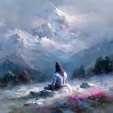 Lord Shiva Meditating in Peaceful Mountain Scene Wallpaper
