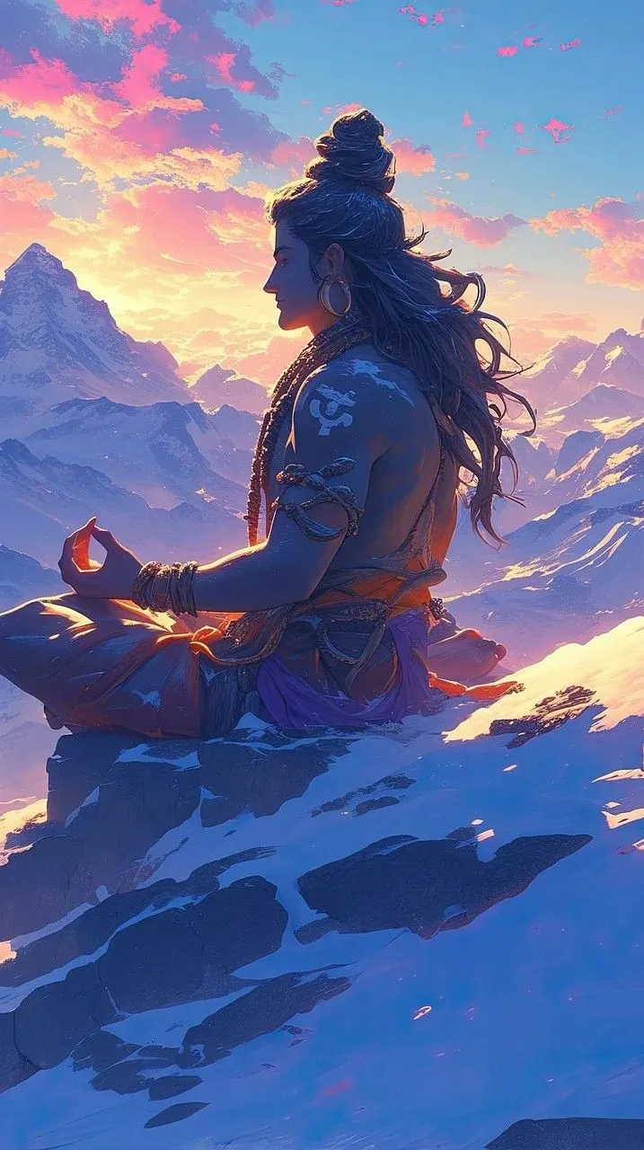 Lord Shiva Meditating on Snowy Mountain Top Wallpaper