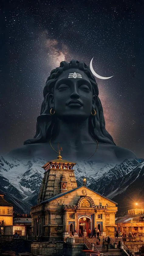 Lord Shiva Statue with Kedarnath Temple Night Sky Wallpaper