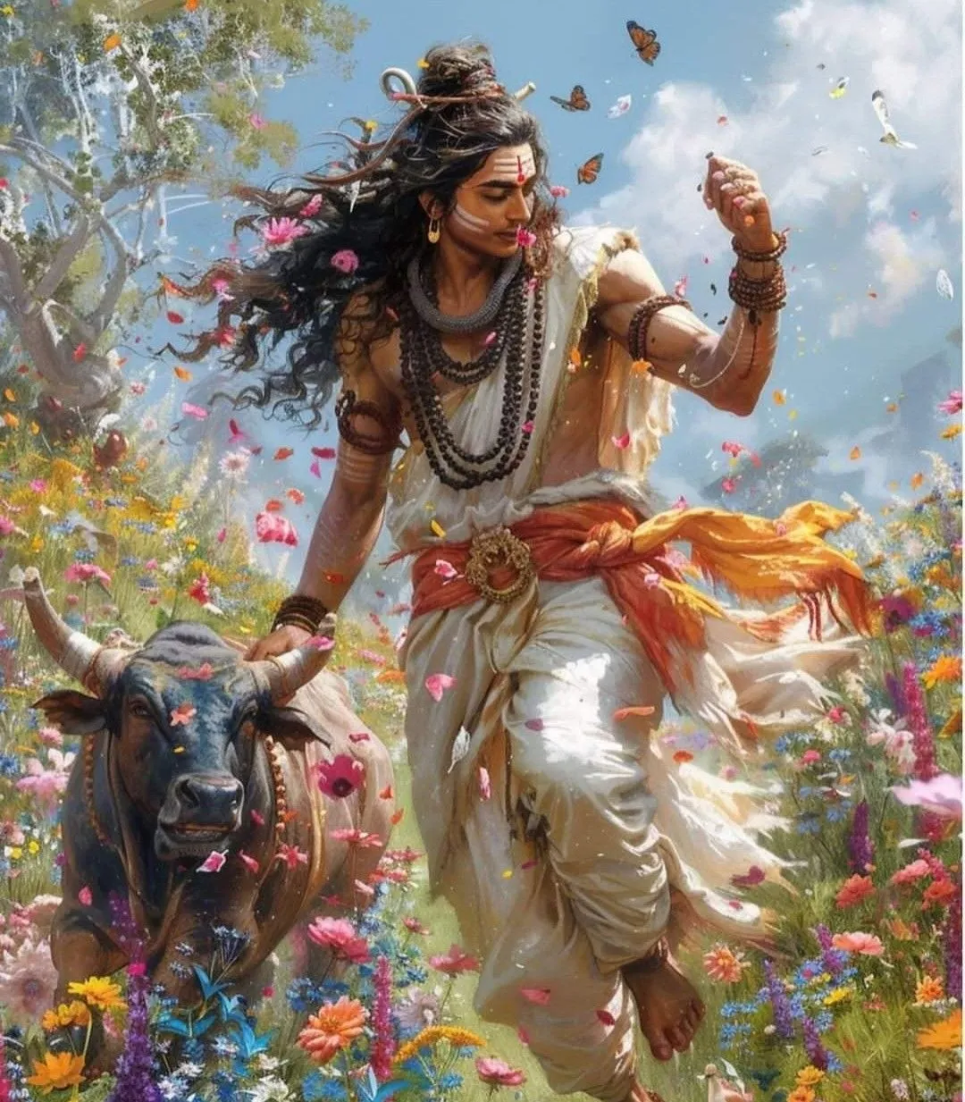 Lord Shiva Walking with Bull in Flower Field Wallpaper