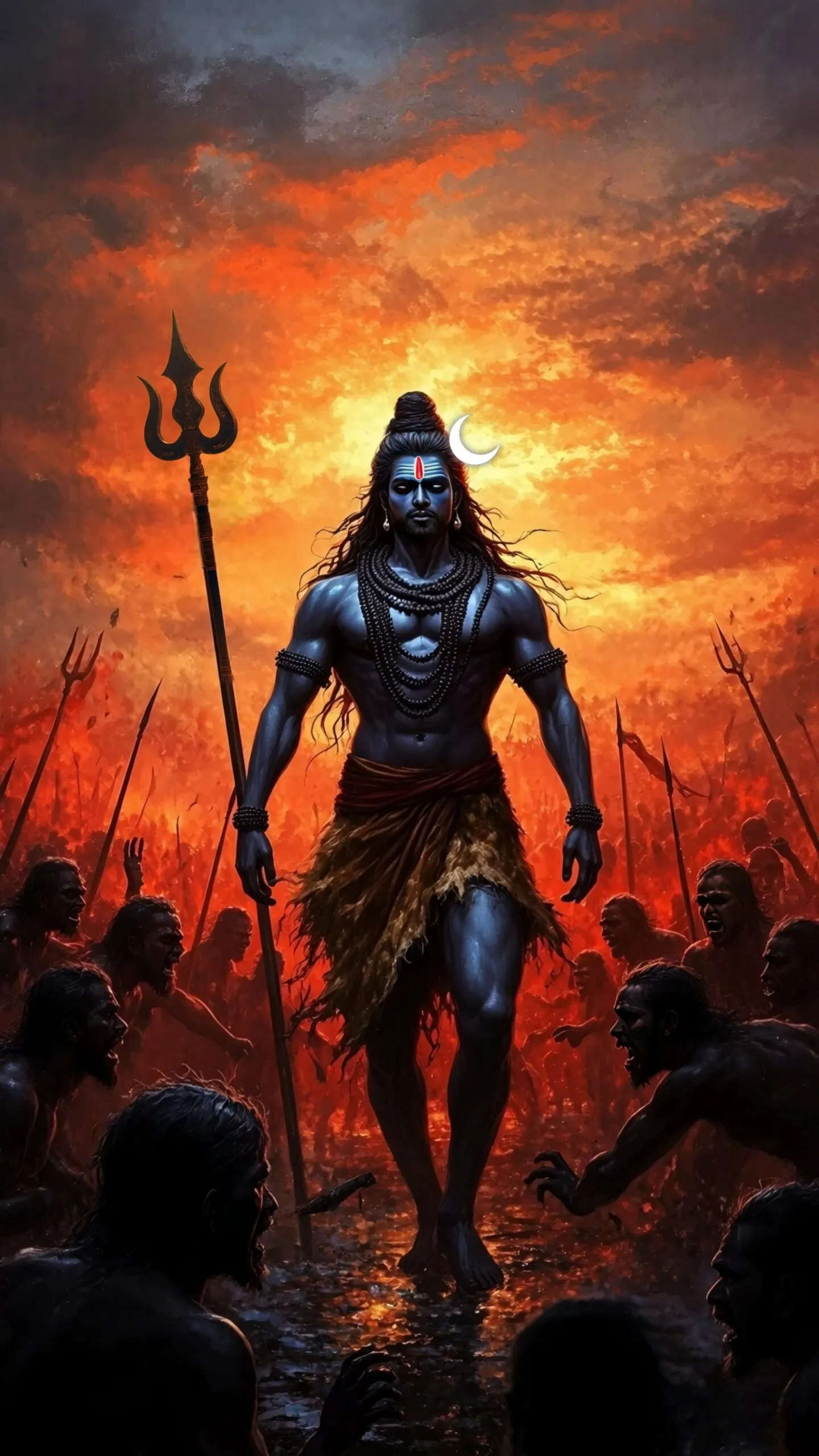 Lord Shiva Walking with Trishul and Fire Sky Wallpaper