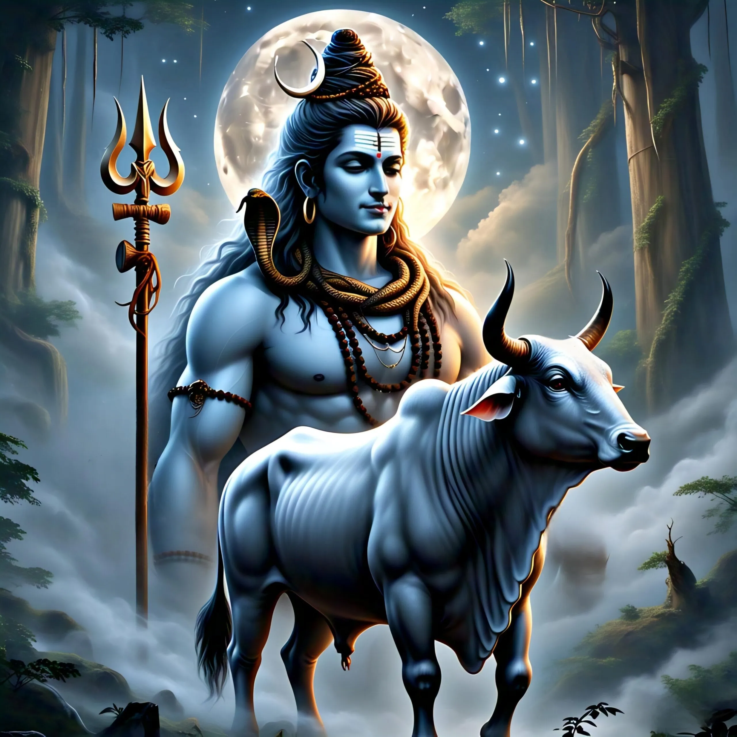 Lord Shiva with Nandi Under Full Moon Divine Night Wallpaper