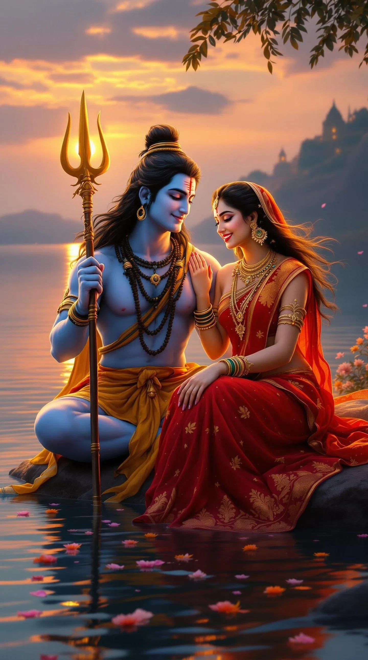 Lord Shiva with Parvati Sitting Peacefully by Riverside Art