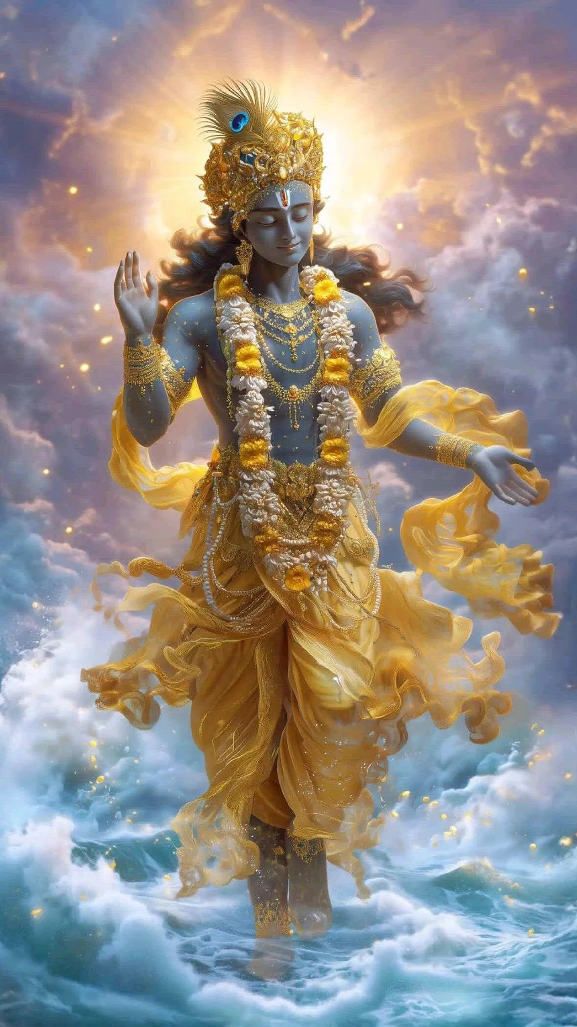 Lord Vishnu Standing on Cloud with Golden Aura Wallpaper
