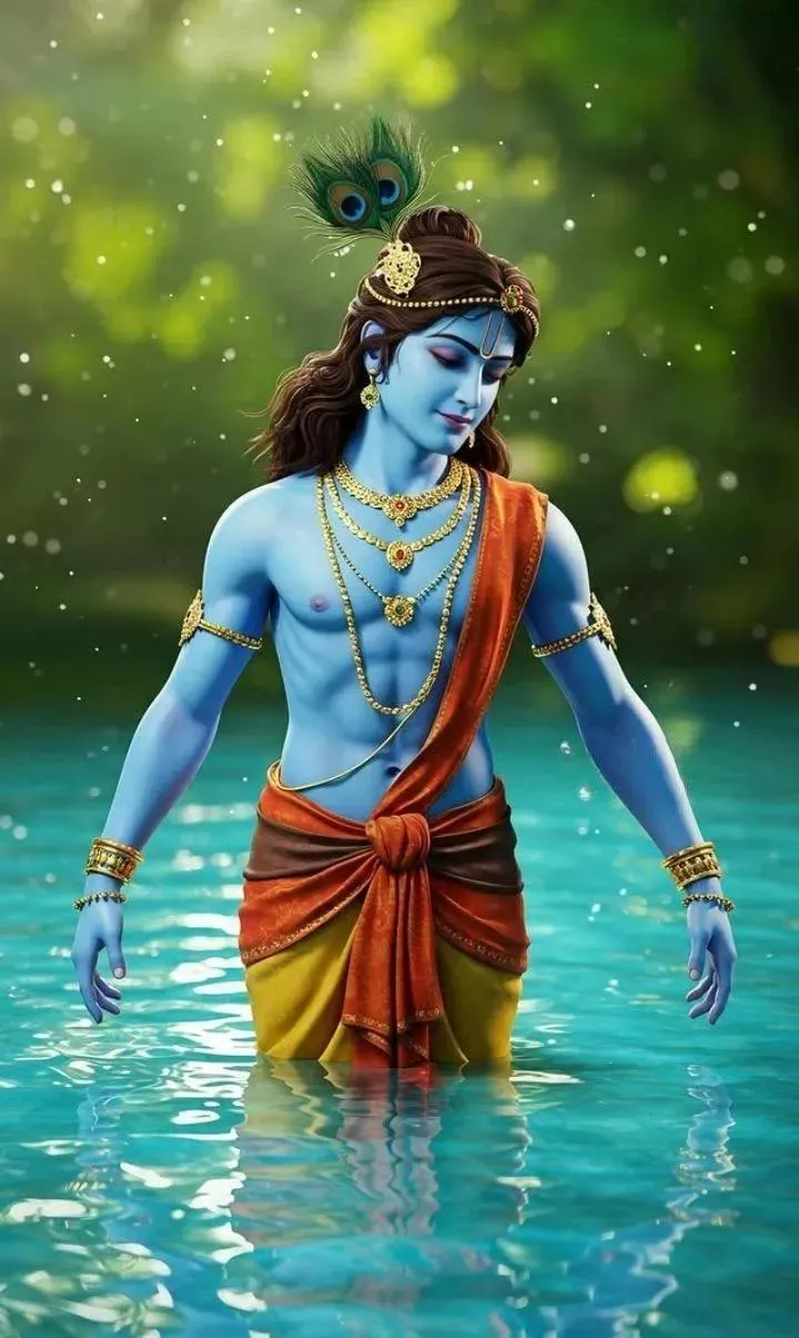 Majestic Lord Krishna Standing Gracefully in River Wallpaper