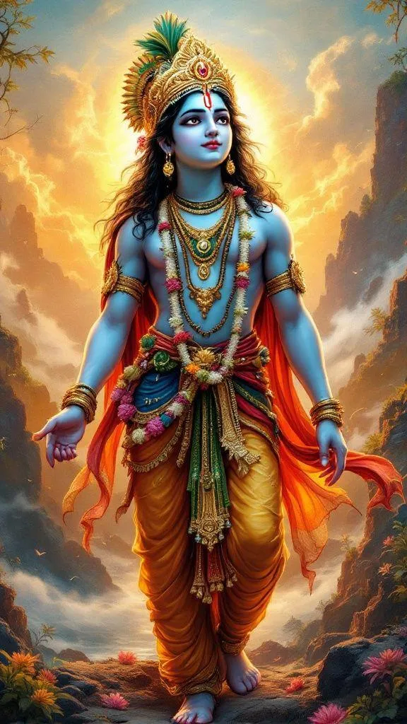 Majestic Lord Krishna Standing Radiant in Golden Divine Aura