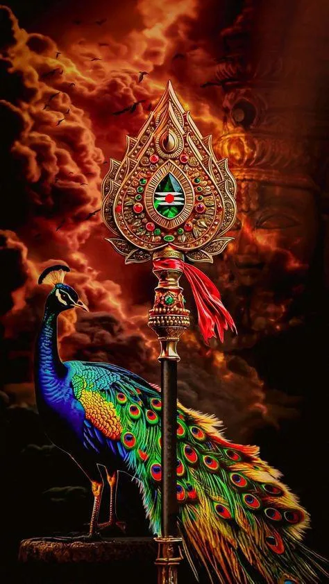 Peacock with Divine Trishul and Vibrant Aura of Spiritual Art