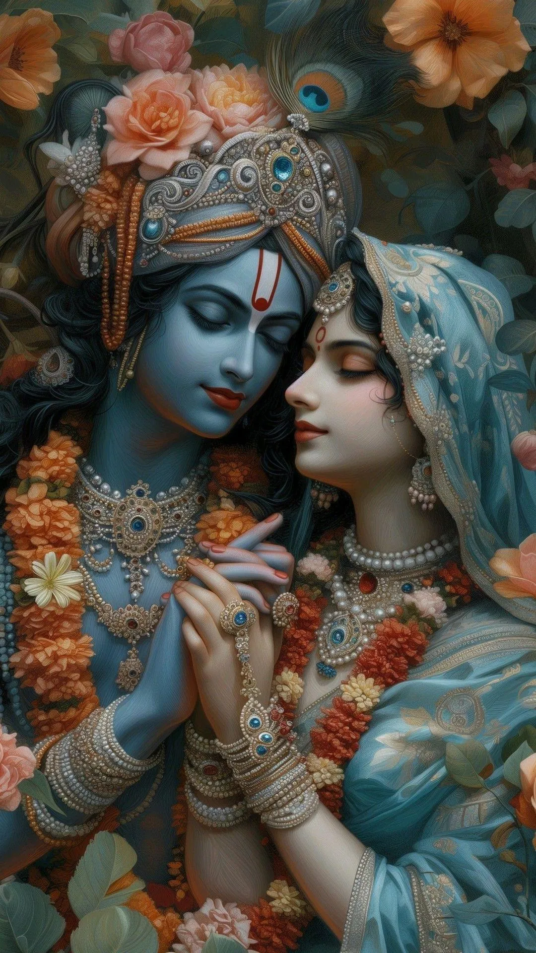Radha Krishna Close Portrait with Floral Background Wallpaper