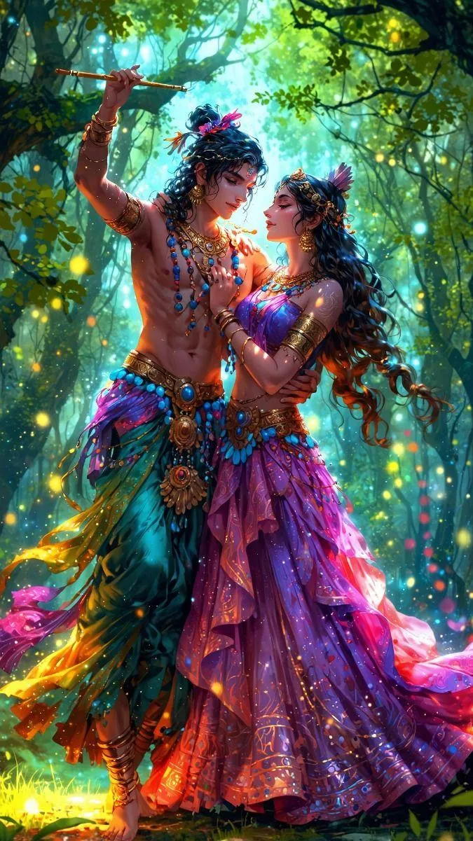 Radha Krishna Dancing in Colorful Forest Scene Wallpaper