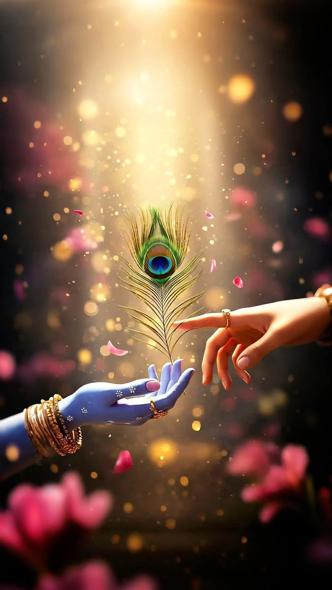 Radha Krishna Hands with Peacock Feather Exchange Wallpaper