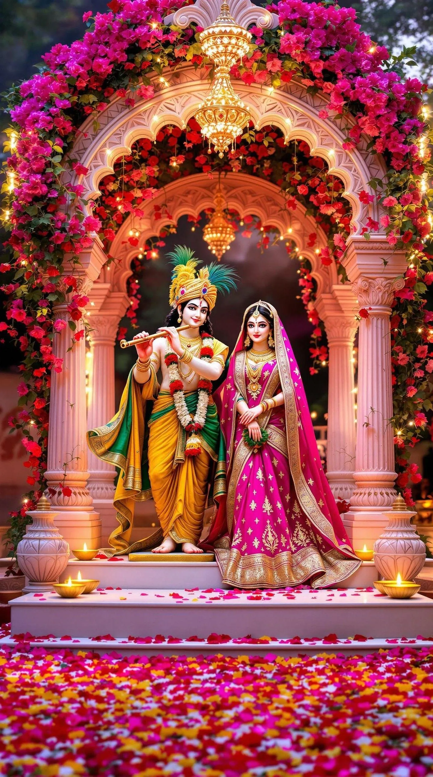 Radha Krishna in Temple Decorated with Flowers Wallpaper