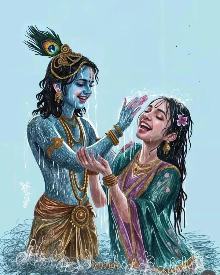 Radha Krishna Playful Rain Love Eternal Happiness Wallpaper