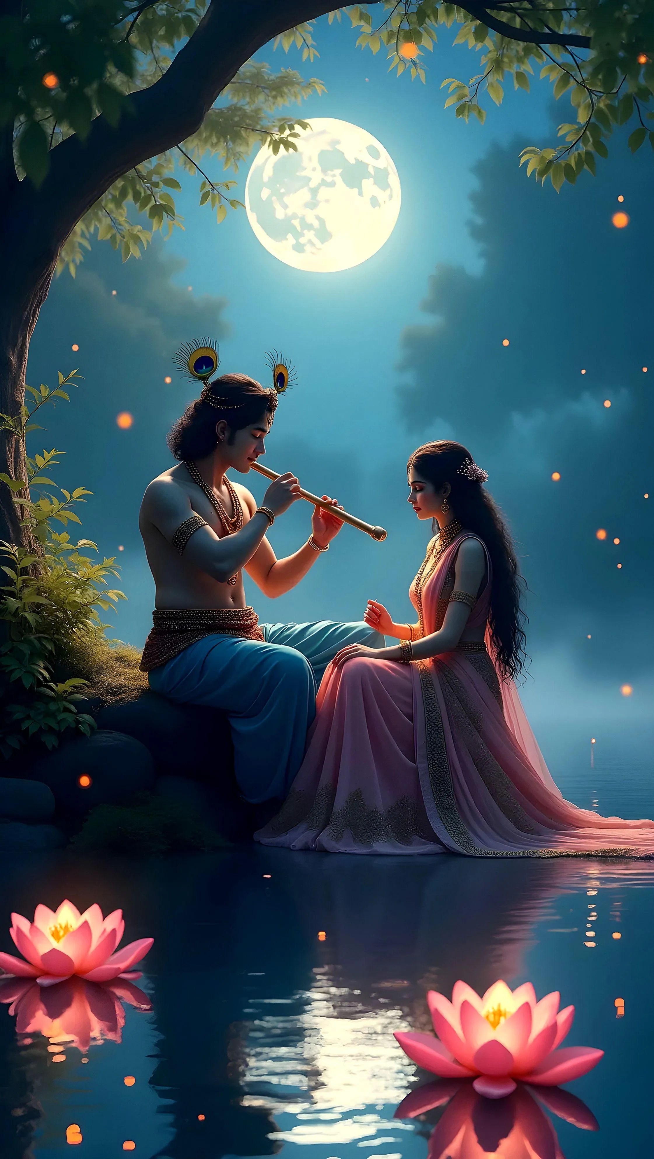 Radha Krishna Playing Flute Under Moonlight Lotus Wallpaper