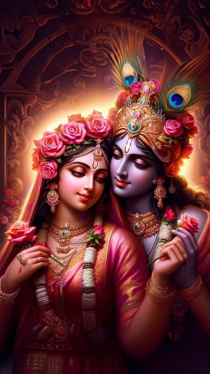 Radha Krishna Romantic Divine Love with Flowers Artistic