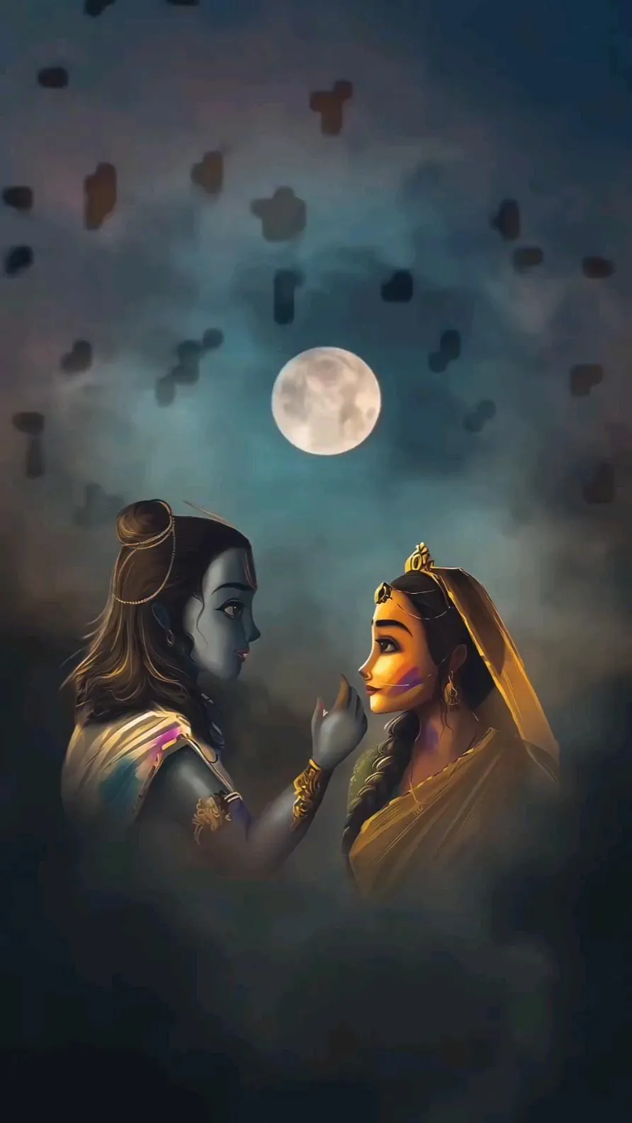 Radha Krishna Romantic Moment Under Full Moon Night Wallpaper