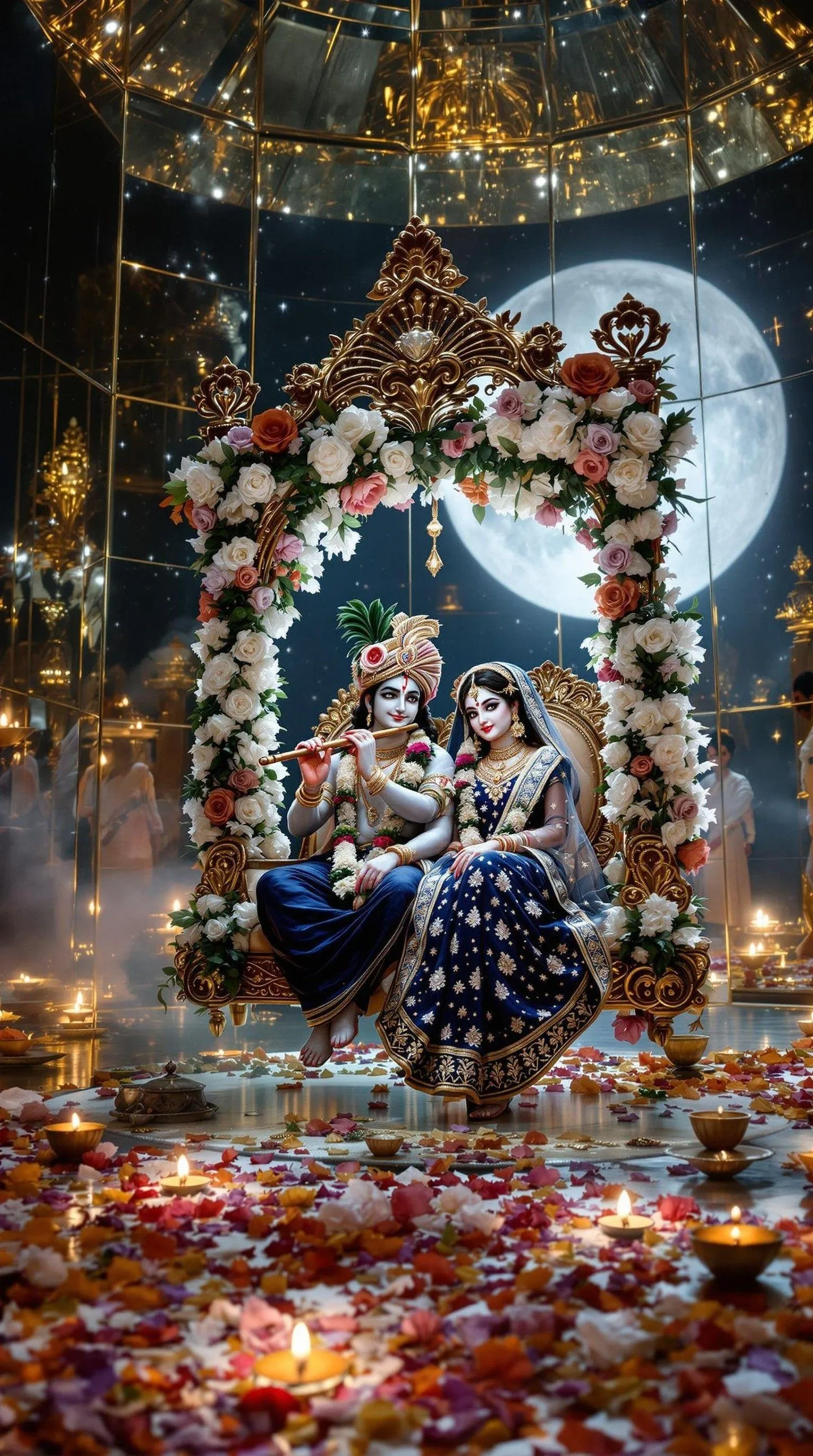 Radha Krishna Sitting on Decorated Swing Under Moonlight