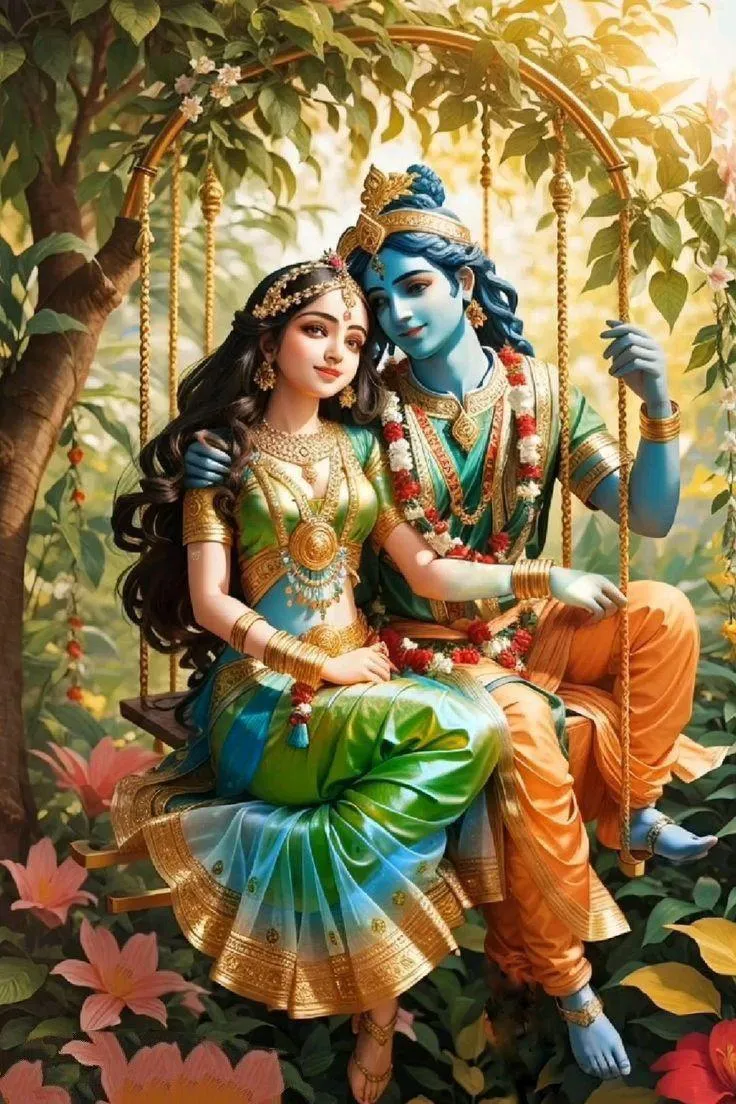 Radha Krishna Sitting Together in Forest of Love Wallpaper