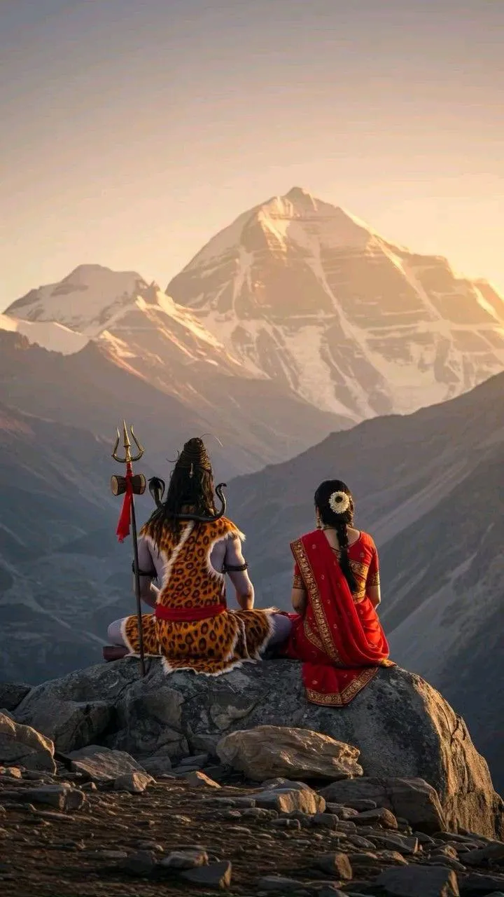 Radha Krishna Sitting Together with Mountain View Wallpaper