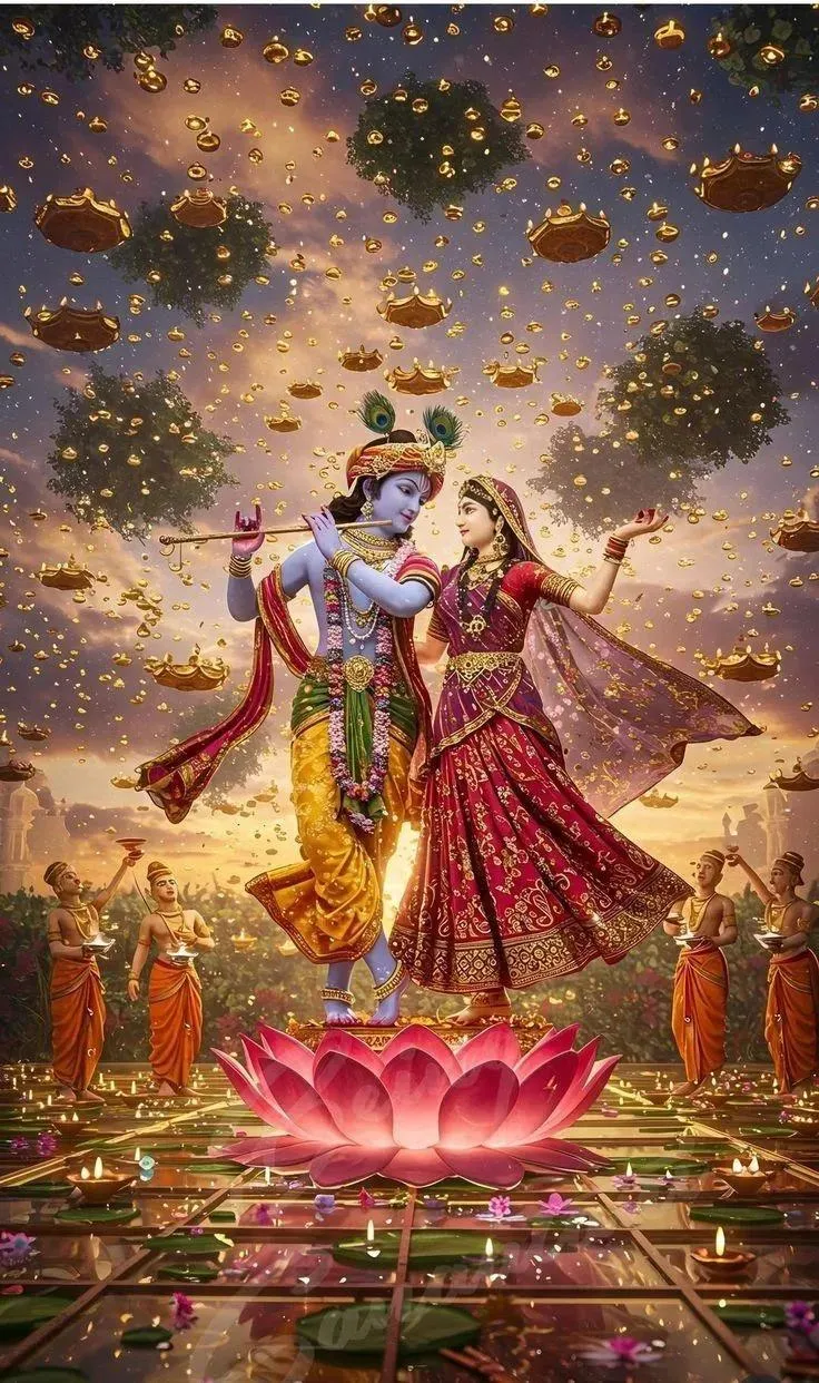 Radha Krishna Standing on Lotus Surrounded by Devotees