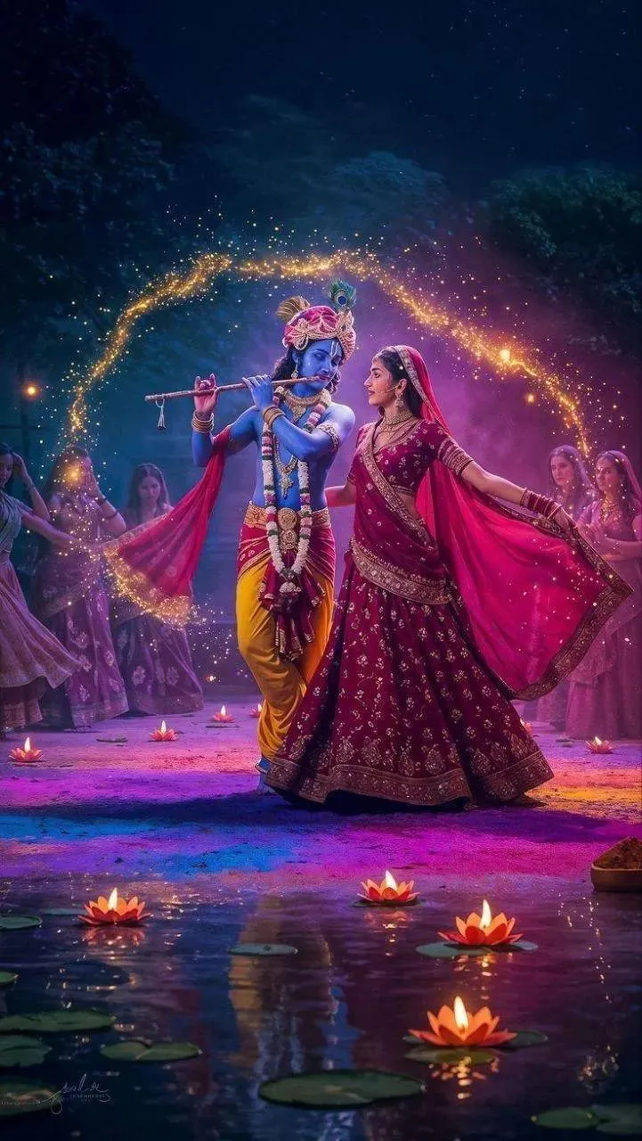 Radha Krishna Standing Together under Night Sky of Stars