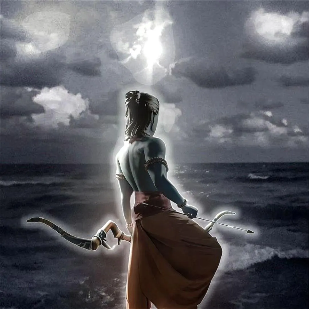Rama Standing on Rock near Ocean with Bow in Hand Wallpaper
