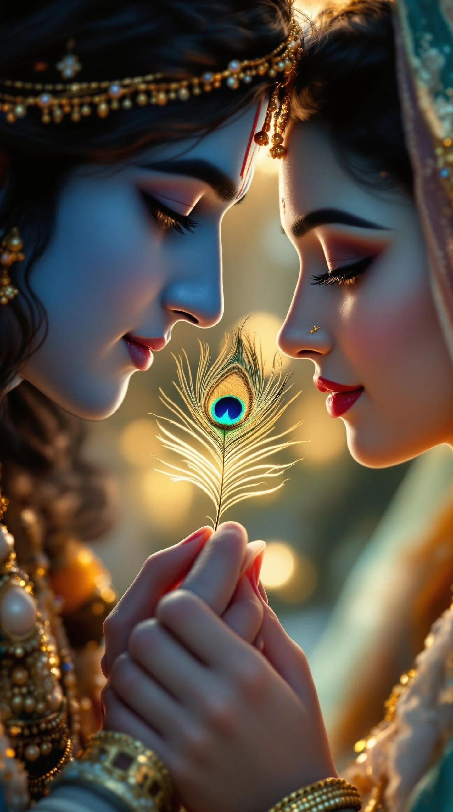 Romantic Krishna and Radha Holding Peacock Feather Wallpaper