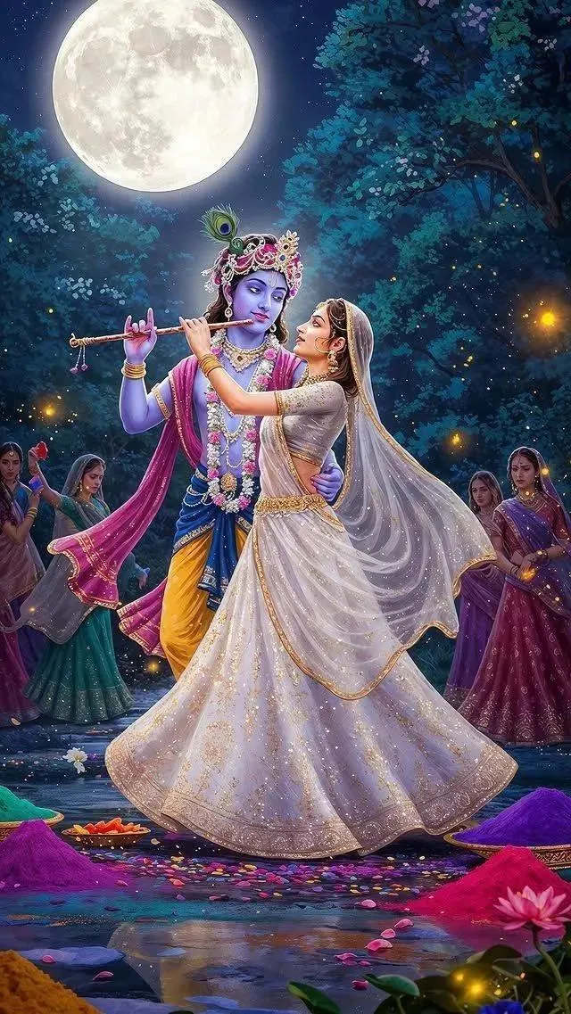 Romantic Lord Krishna Dancing with Radha under Full Moon