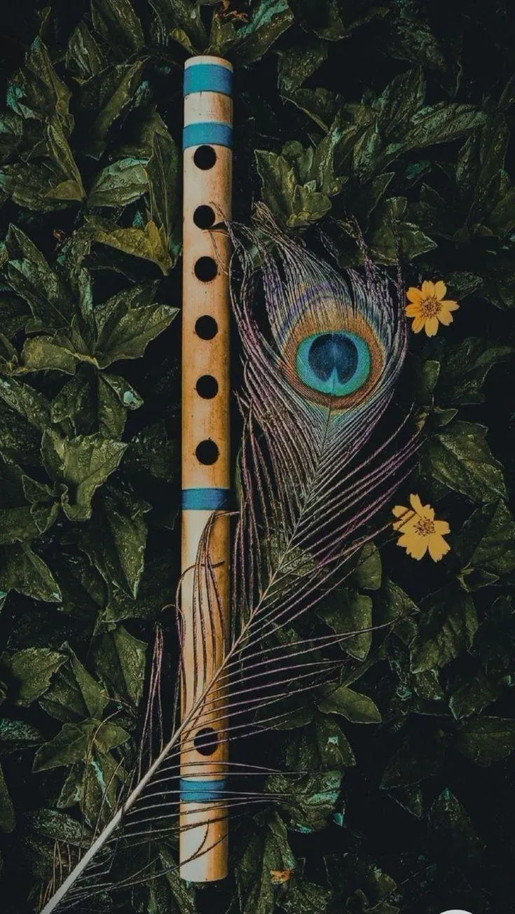 Sacred Krishna Flute with Peacock Feather Divine Symbol