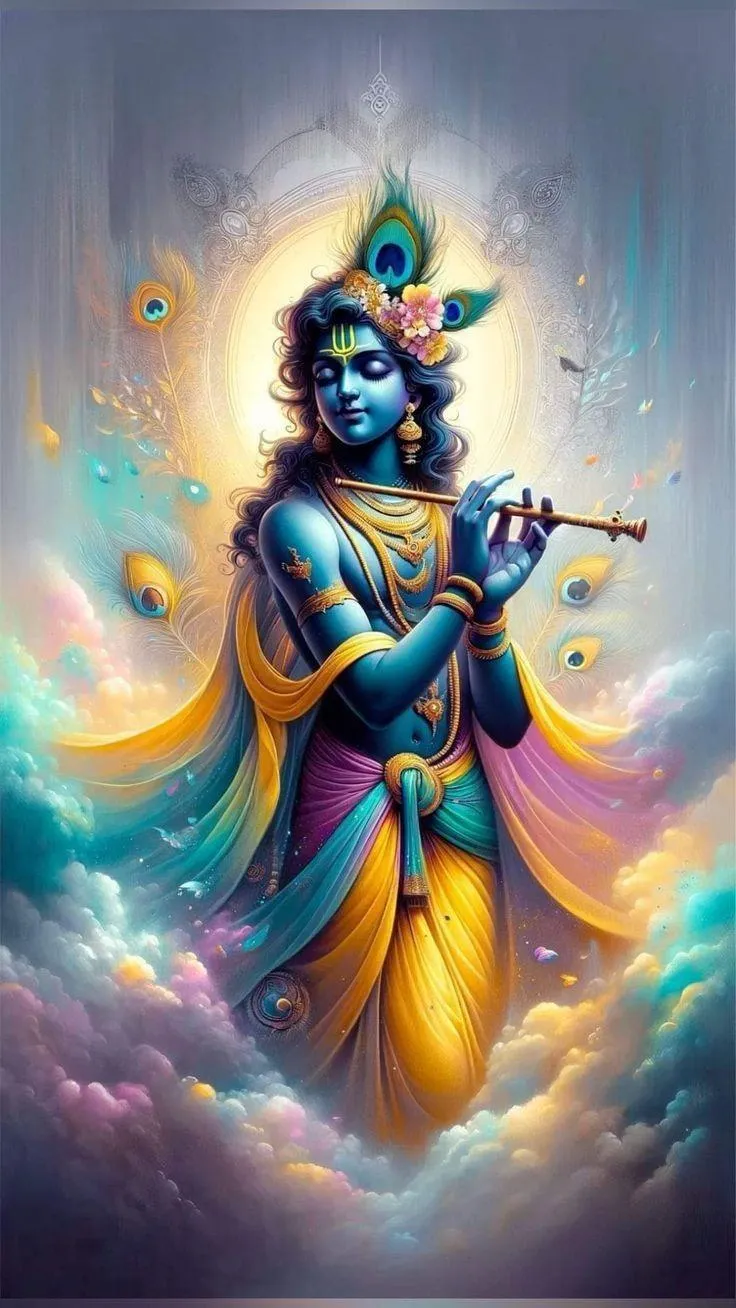 Shining Lord Krishna Playing Flute with Aura of Light Wallpaper