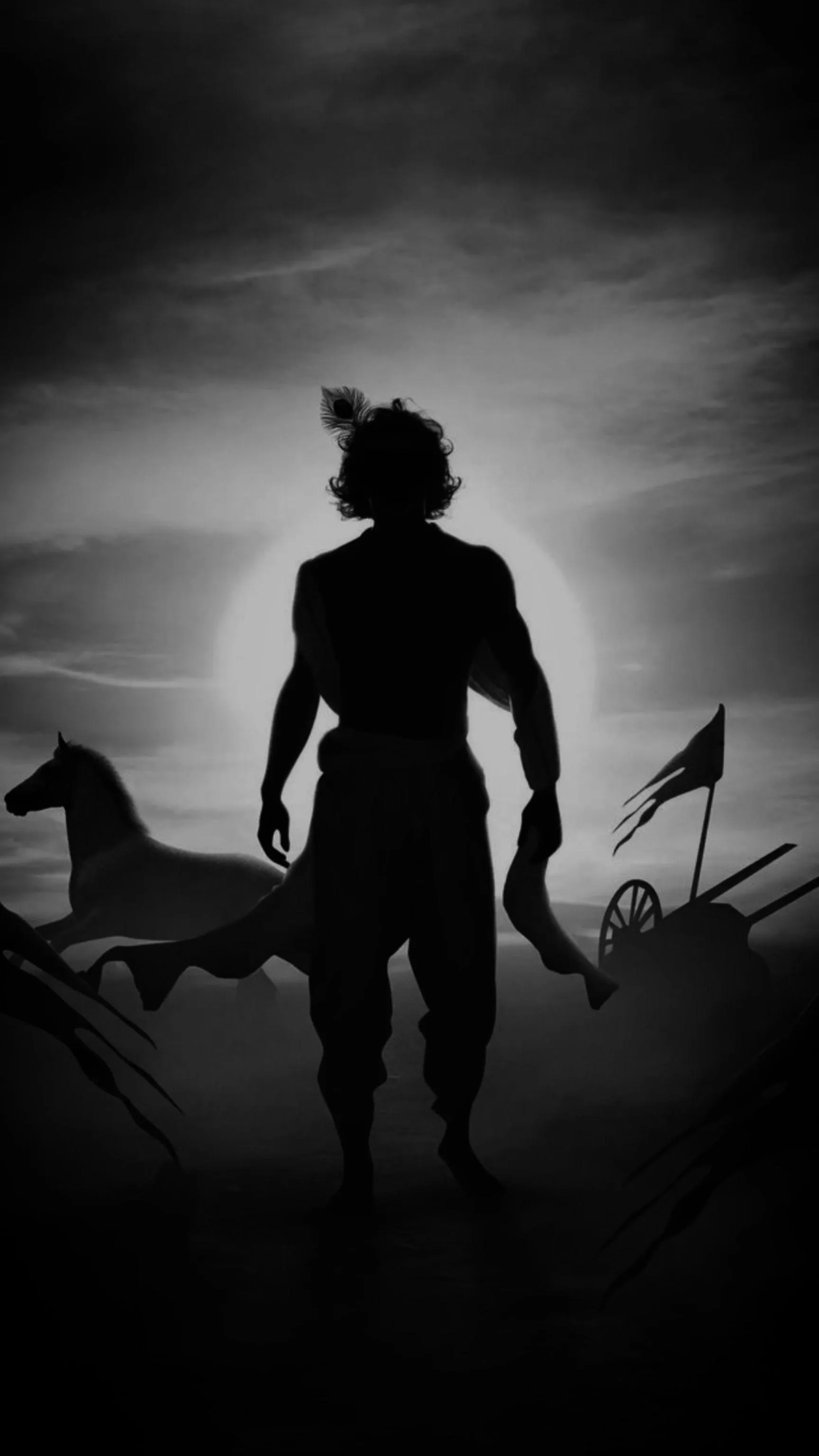 Silhouette of Lord Krishna in Battlefield Holding Bow Wallpaper