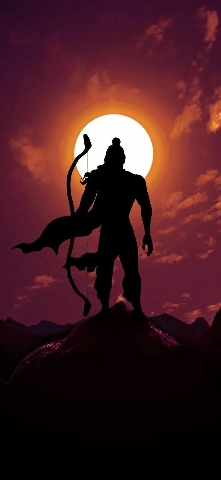 Silhouette of Lord Rama Holding Bow with Sun in Background