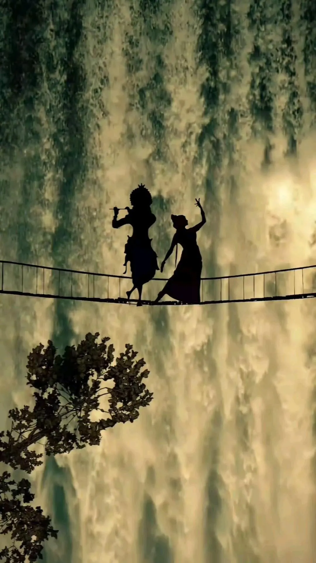 Silhouette of Radha Krishna Dancing on Bridge with Waterfall