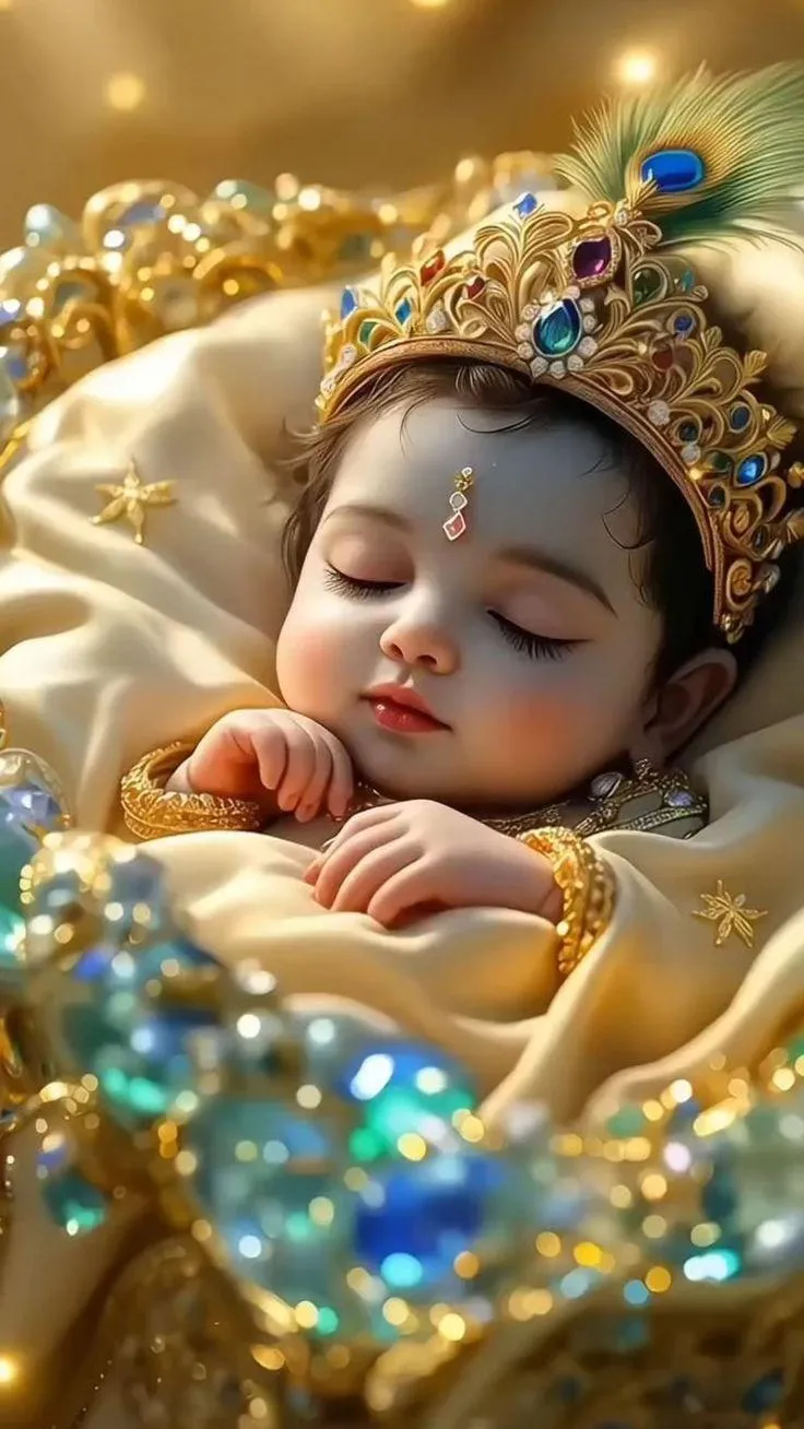 Sleeping Baby Krishna Surrounded by Pearls in Divine Peace