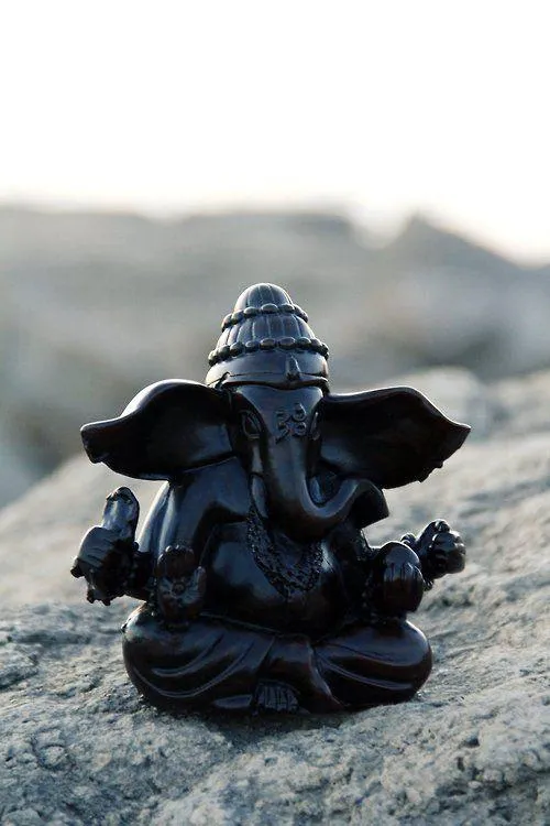 Small Black Ganapathy Statue Sitting Calmly on Rock Surface