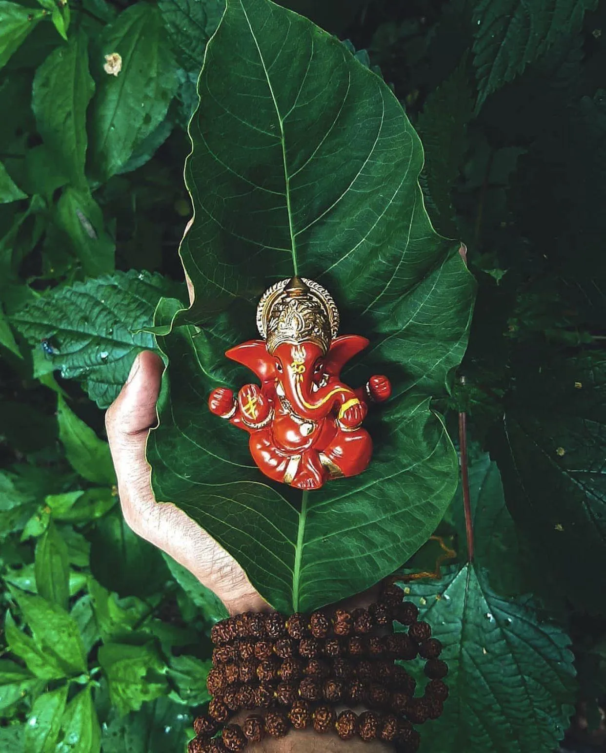 Small Red Ganesh Idol on Green Leaf Nature Wallpaper