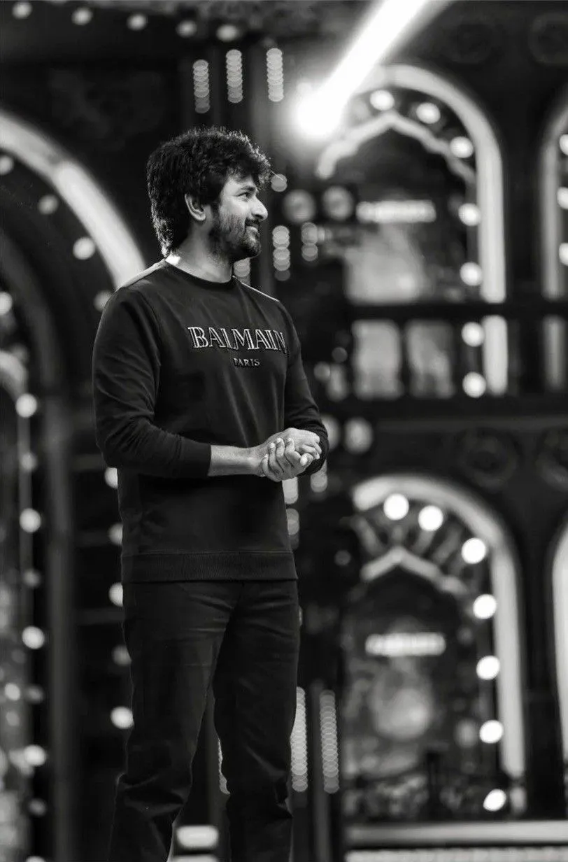 Black and White Portrait of Sivakarthikeyan in Casual Wear