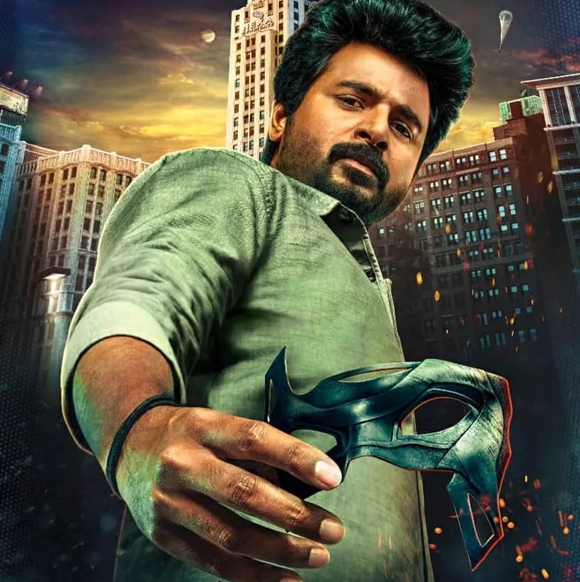 Sivakarthikeyan Holding a Mask with a Building Background