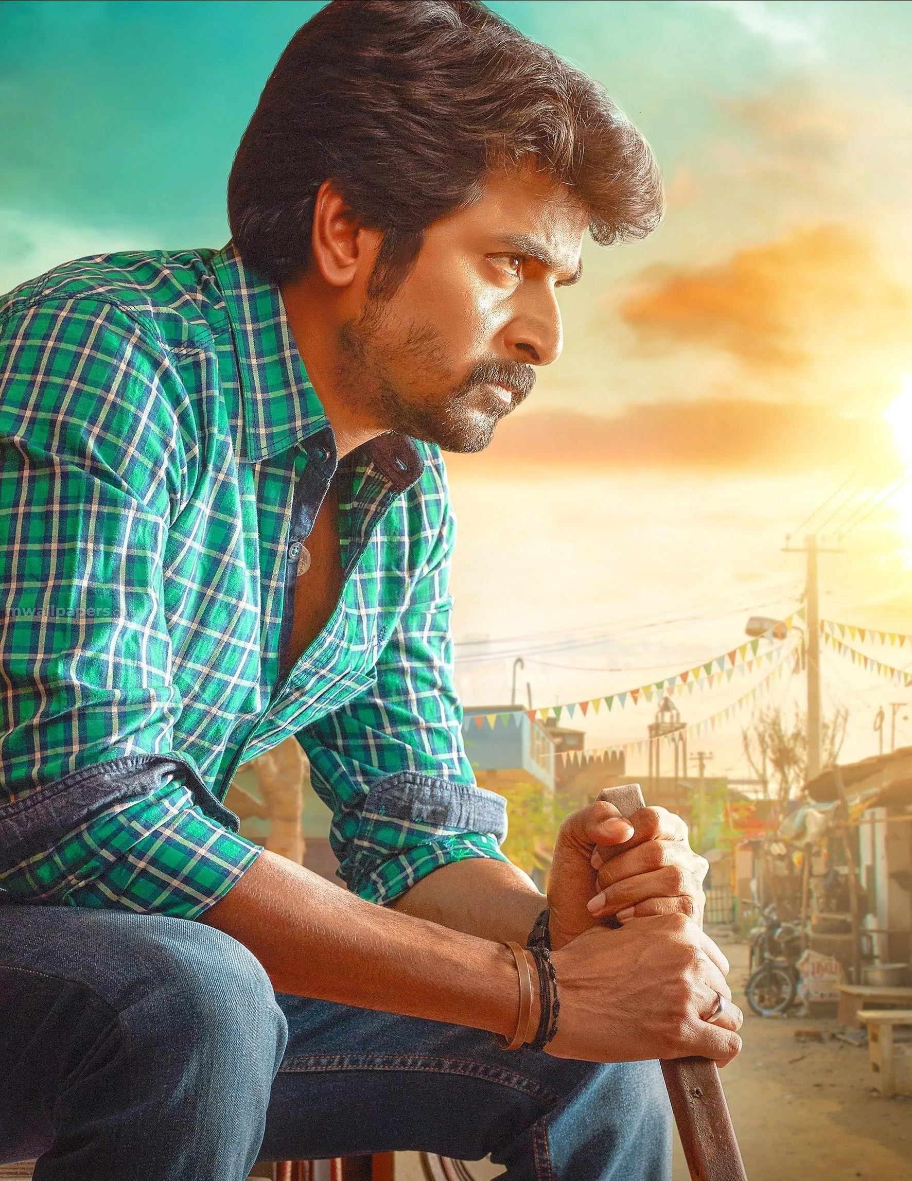 Sivakarthikeyan in Green Checkered Shirt with Sunset Image