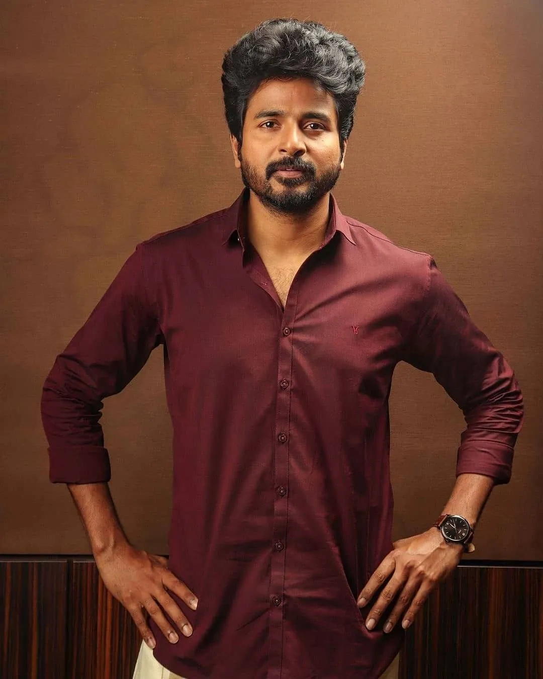 Sivakarthikeyan in Maroon Shirt with Both Hands on His Hips