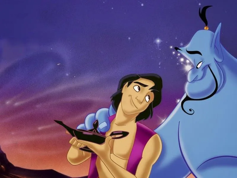 Aladdin and Genie Laughing During a Desert Evening Scene