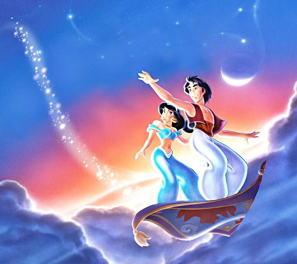 Aladdin and Jasmine Flying Across the Pink Orange Sunset