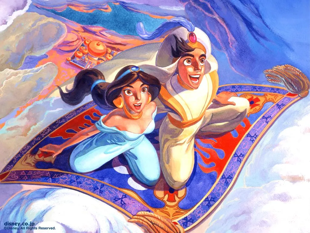 Aladdin and Jasmine Holding Hands on Flying Carpet