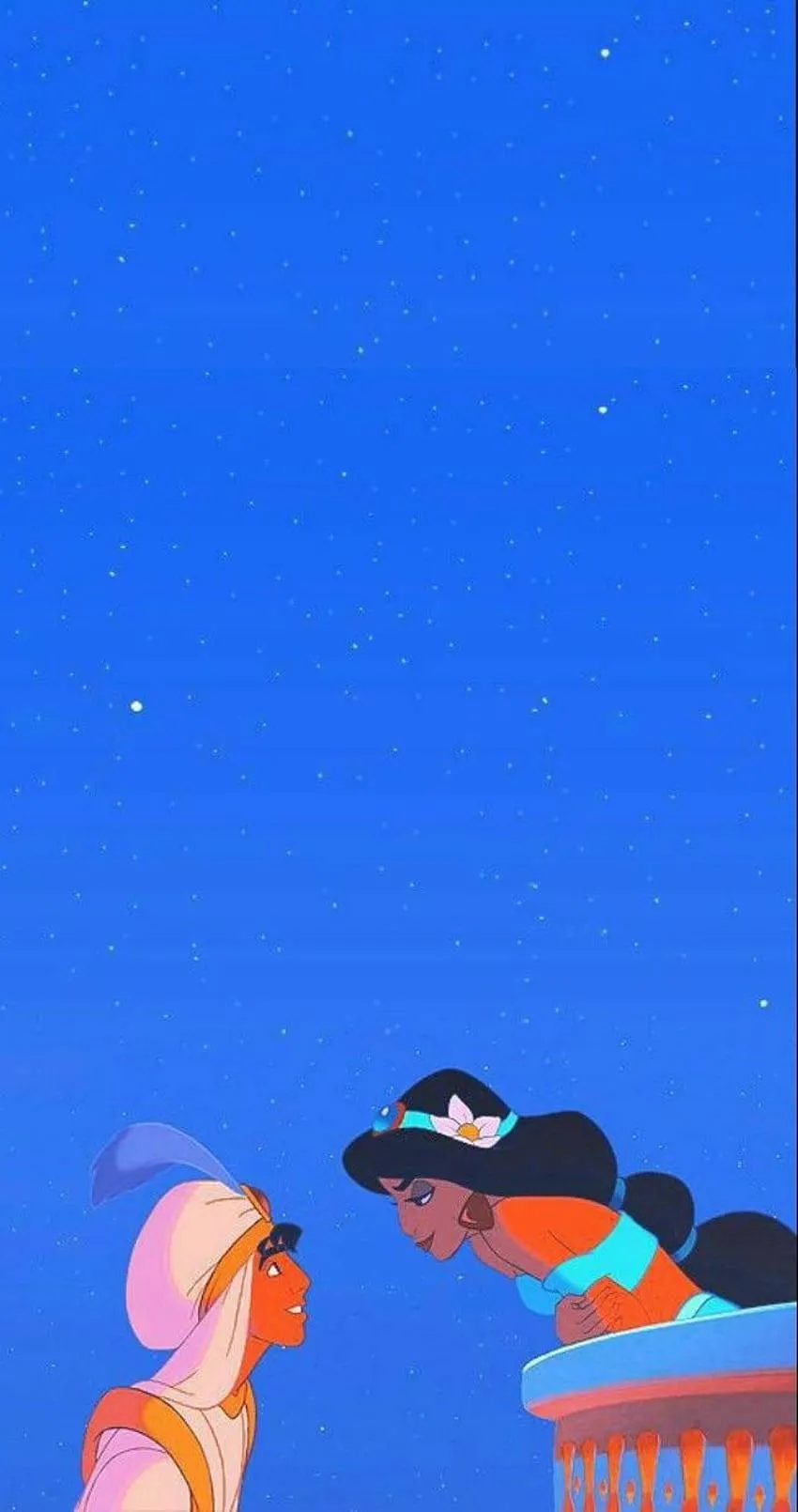 Aladdin and Jasmine Hugging on Flying Carpet in Blue Sky