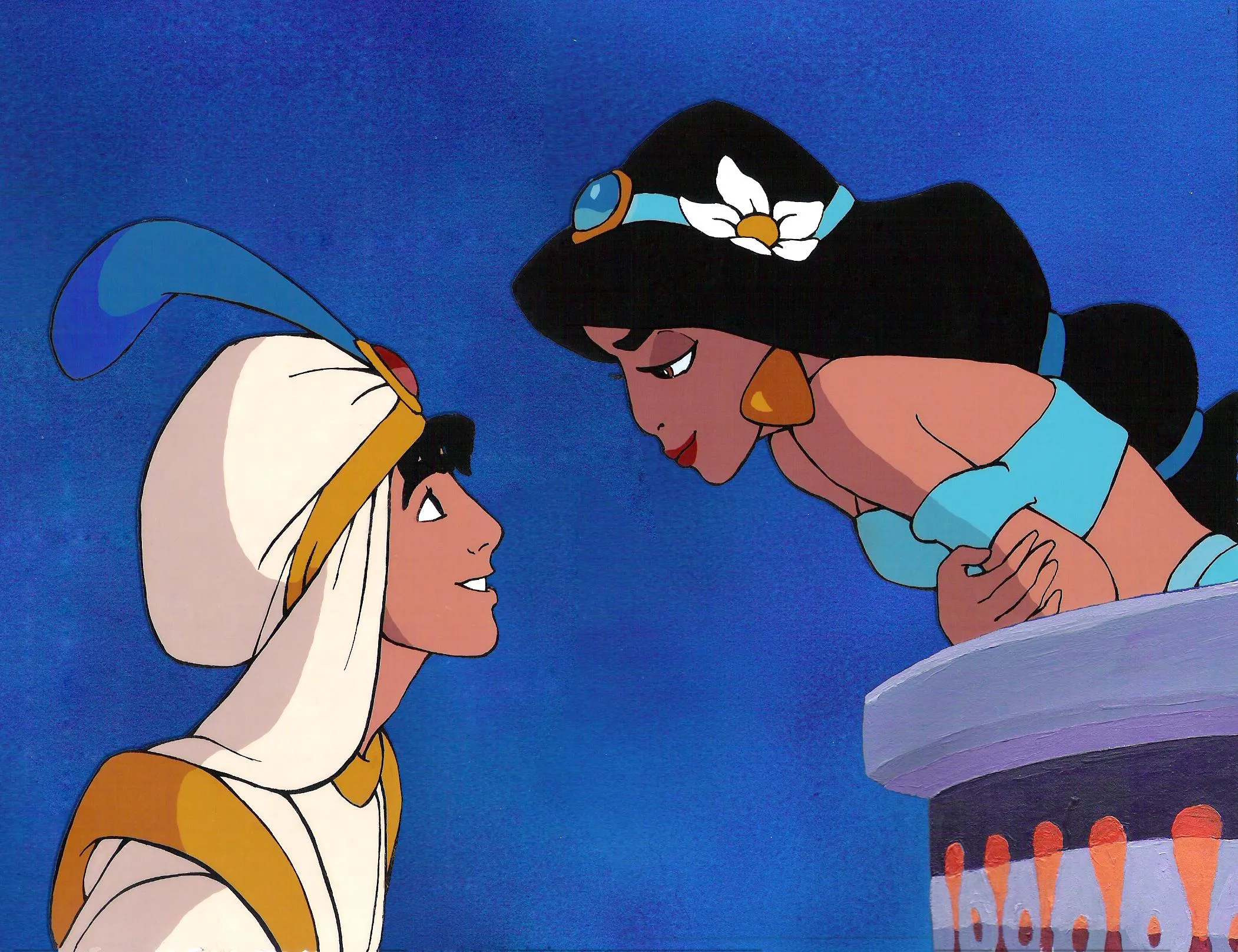 Aladdin and Jasmine Sharing Moment on Balcony at Night