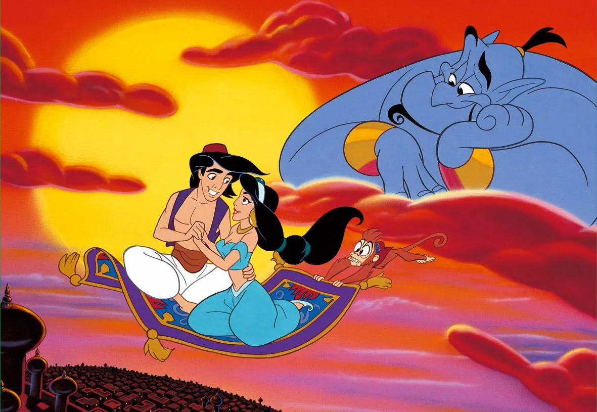 Aladdin and Jasmine Soaring Over Agrabah on Magic Carpet