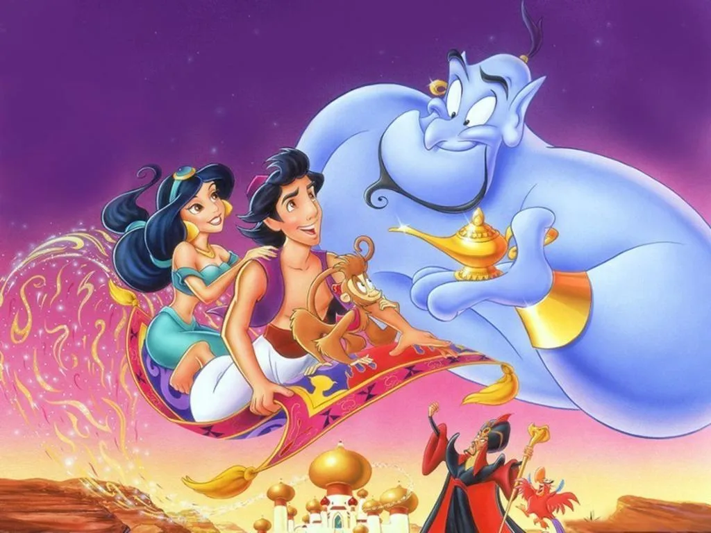 Aladdin Jasmine and Genie in Bright Flying Scene Wallpaper