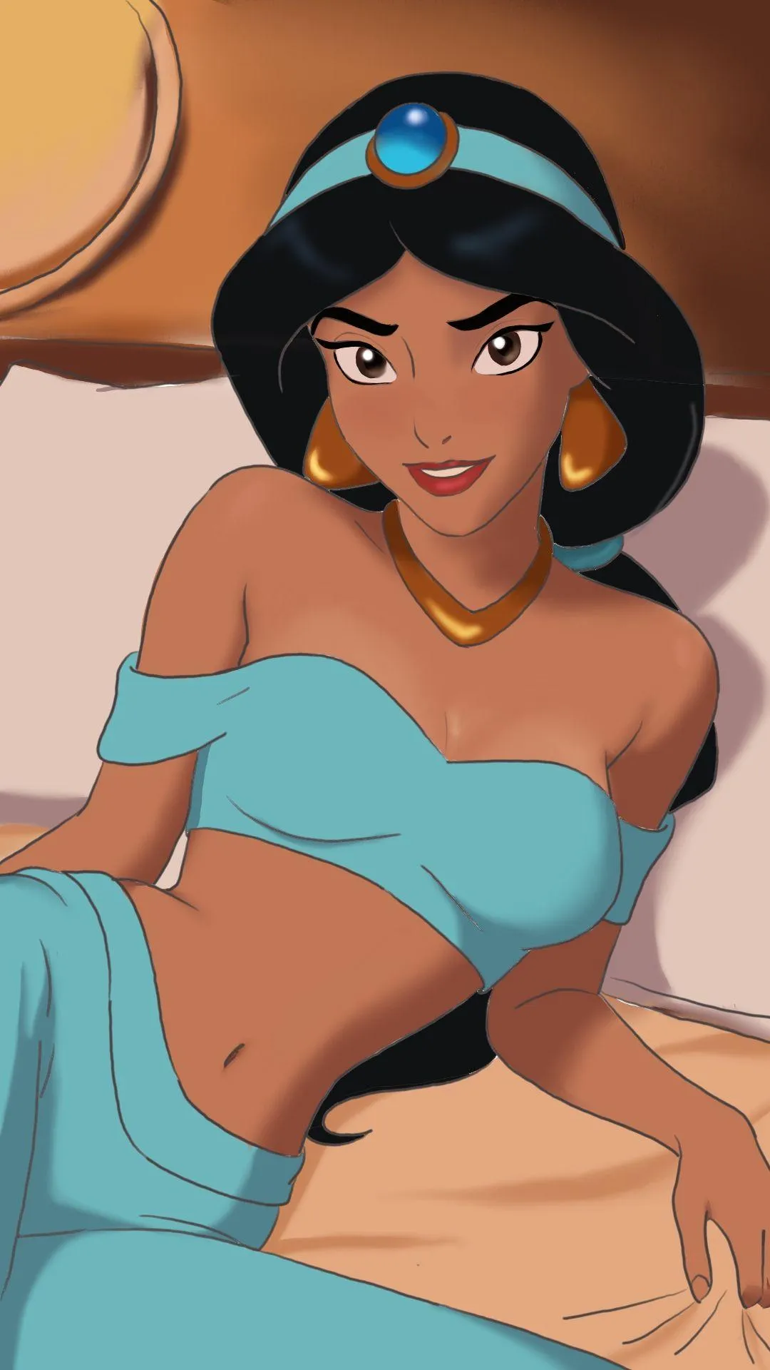 Animated Jasmine Wearing Blue Dress in Colorful Illustration