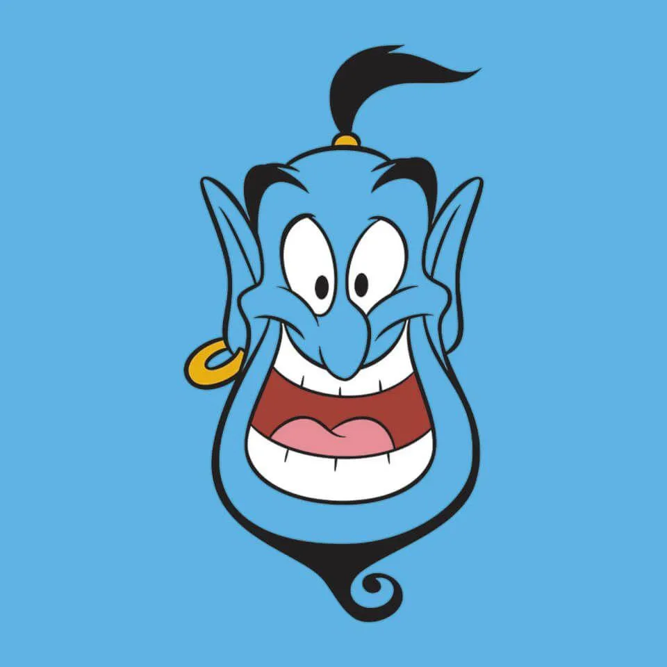 Cartoon Genie Face Smiling on Bright Blue Background