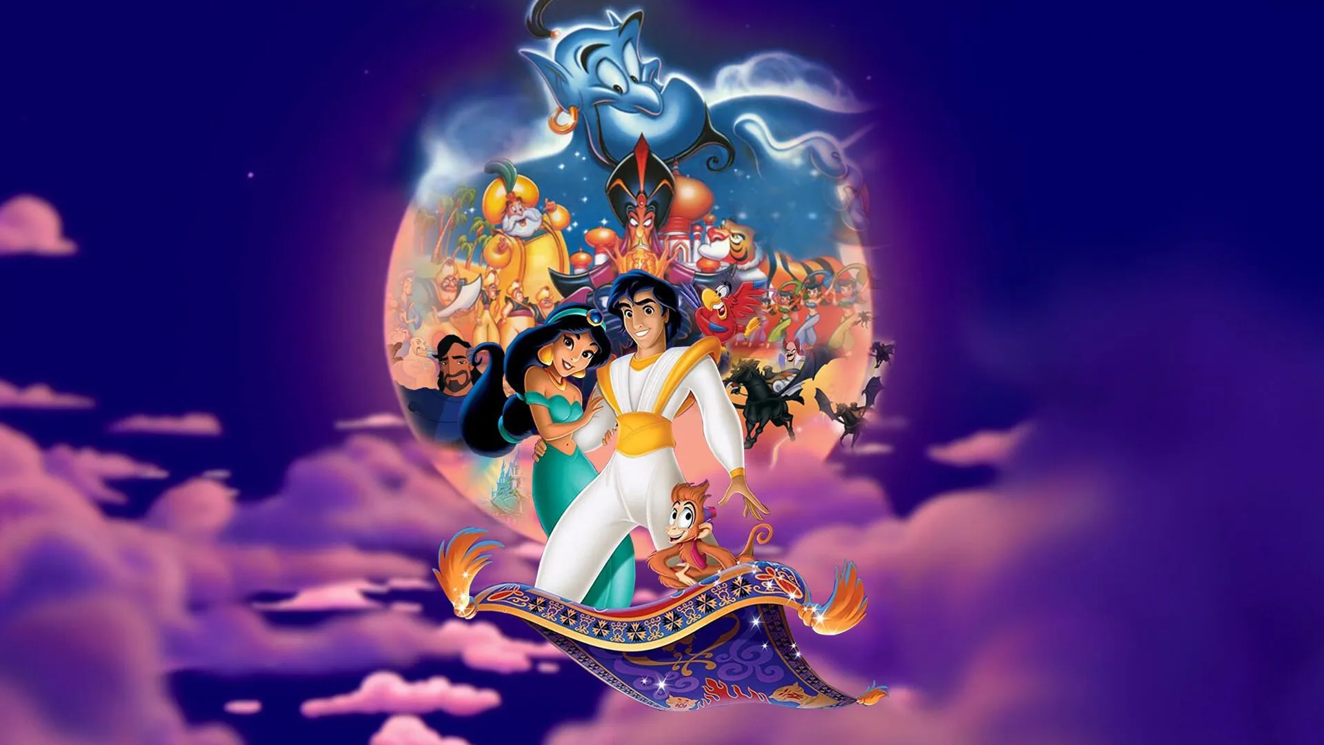 Colorful Aladdin Movie Poster Featuring Genie and Friends