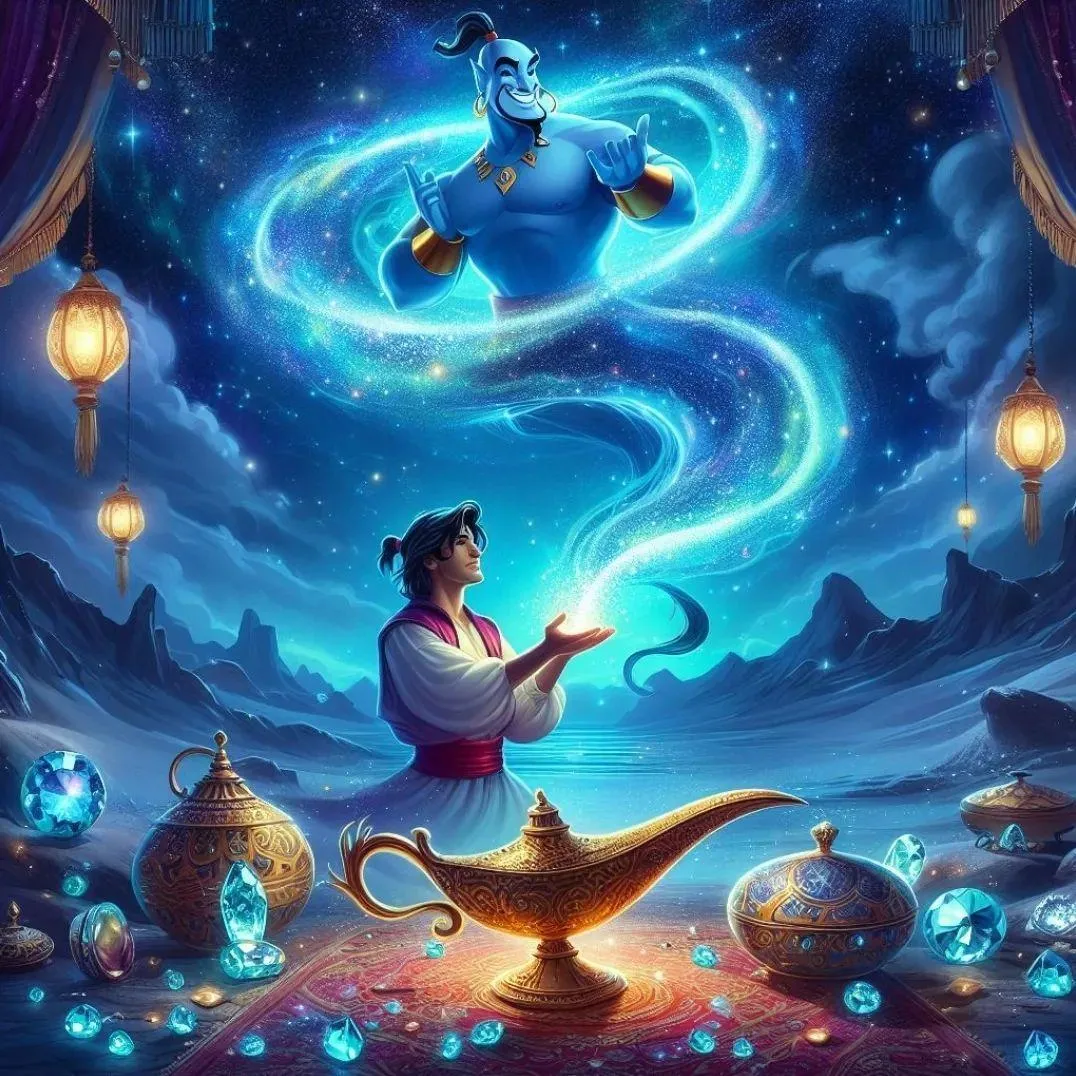 Genie Casting Magical Blue Spell with Energy Swirl